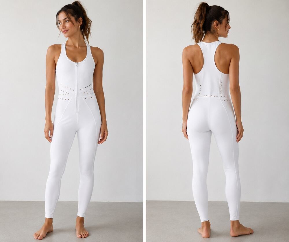Gigi C Sarah Jumpsuit white triangle laser cutout NWT Medium Luxury Sportwear